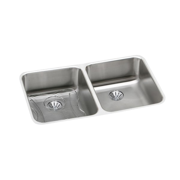 Elkay Lustertone Stainless Steel 30-3/4X18-1/2X7-7/8 Equal Double Bowl Undermount Sink Kit W/Perfect Drain ELUH3118PDBG - main